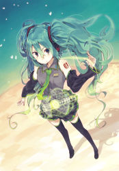Rule 34 | 1girl, boots, detached sleeves, green eyes, green hair, guitar, hatsune miku, hrd, instrument, long hair, matching hair/eyes, necktie, skirt, solo, thigh boots, thighhighs, twintails, very long hair, vocaloid