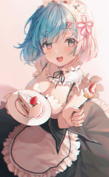Rule 34 | 1girl, :d, apron, bad id, bad link, bad pixiv id, blue hair, blush, breasts, cake, cake slice, cleavage, detached collar, dress, food, fork, frills, fruit, hair ornament, holding, holding plate, holding tray, looking at viewer, maid, maid headdress, md5 mismatch, open mouth, pink ribbon, plate, re:zero kara hajimeru isekai seikatsu, rem (re:zero), ribbon, roswaal mansion maid uniform, short hair, smile, solo, strawberry, tray, ttosom, white apron, x hair ornament