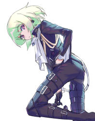 Rule 34 | 1boy, ass, belt, black gloves, black jacket, blonde hair, canata katana, ascot, earrings, fire, gloves, green hair, half gloves, highres, jacket, jewelry, lio fotia, looking at viewer, male focus, promare, purple eyes, simple background, solo, white background