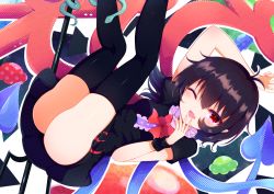 Rule 34 | 1girl, ;d, ass, asymmetrical wings, black dress, black hair, black thighhighs, blue wings, blush, bow, bowtie, buttons, center frills, commentary request, dress, feet out of frame, frilled dress, frills, hair between eyes, highres, houjuu nue, looking at viewer, medium hair, one eye closed, open mouth, pointy ears, polearm, red bow, red bowtie, red eyes, red wings, short dress, short sleeves, smile, snake, solo, thighhighs, tomoe (fdhs5855), touhou, trident, ufo, weapon, wings