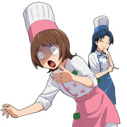 Rule 34 | 2girls, :o, a1 (initial-g), amami haruka, apron, blue hair, brown hair, chef hat, closed eyes, constricted pupils, giggling, hat, holding, holding spoon, idolmaster, idolmaster (classic), kisaragi chihaya, long hair, multiple girls, open mouth, short hair, simple background, sleeves pushed up, spoon, turn pale, voice actor connection, wide-eyed
