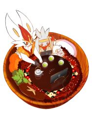 blush cinderace creatures_(company) evolutionary_line game_freak gen_8_pokemon holding inoshikachou looking_down nintendo nintendo_switch open_mouth orange_eyes pokemon pokemon_(creature) rabbit_ears raboot scorbunny sleeping table tea