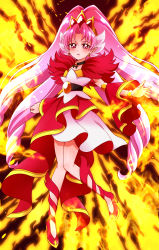 Rule 34 | 1girl, absurdres, akagi towa, bad id, bad pixiv id, belt, blush, choker, cure scarlet, detached sleeves, earrings, fiery background, fire, full body, go! princess precure, highres, jewelry, long hair, magical girl, pink hair, pointy ears, precure, quad tails, red eyes, red footwear, sharumon, shoes, skirt, solo