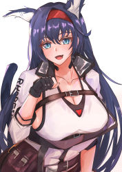 Rule 34 | 1girl, absurdres, animal ear fluff, arknights, belt, belt bag, black gloves, blaze (arknights), blouse, blue eyes, blue hair, blush, breasts, brown belt, cleavage, collarbone, fang, fang out, gloves, hairband, highres, jacket, large breasts, long hair, looking at viewer, muteppona hito, open clothes, open jacket, open mouth, partially fingerless gloves, paw pose, red hairband, shirt, solo, tail, upper body, white background, white jacket, white shirt
