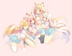 Rule 34 | &gt; &lt;, 4girls, ^ ^, amamiya aki, amamiya mei, animal ear fluff, animal ears, black socks, blonde hair, bow, cardigan, chibi, circle name, closed eyes, commentary request, cover, cynthia riddle, double v, doughnut, dvd cover, eating, extra ears, flower, food, fox ears, fox tail, hair between eyes, hair flower, hair ornament, hair scrunchie, hand to own mouth, heart, highres, kneehighs, long hair, long sleeves, low twintails, milia leclerc, multiple girls, one eye closed, open mouth, original, p19, pink hair, pink scrunchie, pleated skirt, polka dot, polka dot scrunchie, rabbit ears, rabbit tail, red eyes, school uniform, scrunchie, shirt, skirt, smile, socks, swept bangs, tail, thighhighs, twintails, upper body, v, virtual youtuber, white background, white hair, white legwear, white shirt, x hair ornament