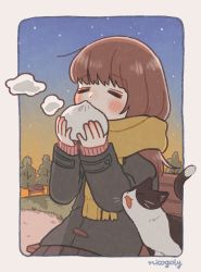 Rule 34 | 1girl, artist name, baozi, bench, blush, brown hair, cat, closed eyes, coat, commentary request, food, hands up, highres, holding, holding food, long hair, nicogoly, original, outdoors, park bench, scarf, sitting, solo, star (sky), steam, sunset, tree, upper body, yellow scarf