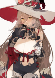 Rule 34 | 1girl, absurdres, black gloves, blush, breasts, breath, brown hair, cleavage, commentary request, cup, gloves, grey background, hair between eyes, hat, highres, holding, holding cup, large breasts, long hair, looking at viewer, midriff, nijisanji, nui sociere, nui sociere (1st costume), open mouth, parted lips, sh (shinh), simple background, solo, sweat, thighhighs, very long hair, virtual youtuber, white background, witch hat, yellow eyes