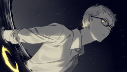 Rule 34 | 1boy, asada hachi, collared shirt, commentary, crescent moon, dutch angle, glowing, glowing eyes, haikyuu!!, highres, looking at viewer, male focus, monochrome, moon, night, night sky, parted lips, partially submerged, reflection, shirt, short hair, sky, solo, spot color, star (sky), starry sky, tsukishima kei, water, yellow eyes