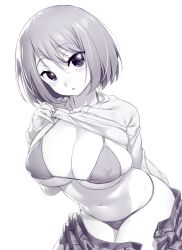 Rule 34 | 1girl, bikini, blush, bob cut, breasts, clothes lift, covered erect nipples, large breasts, leaning forward, lifting own clothes, long sleeves, looking at viewer, monochrome, navel, onsoku inu, open clothes, open skirt, parted lips, pleated skirt, purple eyes, purple theme, saki (manga), shirt lift, short hair, simple background, skindentation, skirt, solo, swimsuit, unozawa shiori, white background