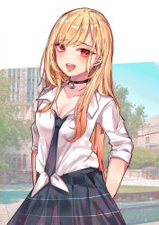 Rule 34 | 1girl, arms behind back, black choker, blonde hair, blue necktie, blue skirt, breasts, choker, cleavage, collarbone, collared shirt, commentary, dress shirt, ear piercing, earrings, eyes visible through hair, gradient hair, gyaru, highres, jewelry, kitagawa marin, long hair, looking at viewer, medium breasts, mucheng, multicolored hair, necktie, open mouth, outdoors, piercing, plaid, plaid skirt, pleated skirt, red eyes, red hair, school uniform, shirt, shirt tucked in, skirt, solo, sono bisque doll wa koi wo suru, stud earrings, swept bangs, teeth, tied shirt, upper body, upper teeth only, white shirt