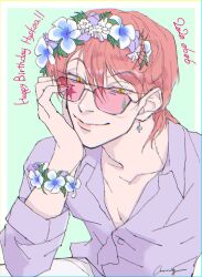 Rule 34 | 1boy, amagi 75, birthday, character name, collarbone, dated, earrings, facepaint, facial mark, flower, happy birthday, head wreath, highres, hisoka morow, hunter x hunter, jewelry, long sleeves, looking at viewer, male focus, purple shirt, red hair, shirt, short hair, simple background, smile, solo, star (symbol), star facial mark, teardrop facial mark, teardrop tattoo, upper body, white flower, wristband, yellow eyes