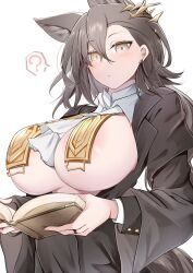 Rule 34 | 1girl, ?, animal ears, arknights, ascot, between breasts, book, breast curtains, breasts, breasts out, brown eyes, brown hair, commentary, earrings, highres, jewelry, kokihanada, large breasts, mole, mole above eye, open book, open clothes, open shirt, penance (arknights), ring, white background, wolf ears