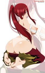 Rule 34 | 1girl, absurdres, ass, barefoot, bikini tan, blush, breasts, clothes pull, dkir, erza scarlet, fairy tail, feet, female focus, hair over one eye, high ponytail, highres, large breasts, lip biting, long hair, looking at viewer, looking back, nipples, pants, pants pull, ponytail, puffy areolae, puffy nipples, red hair, sarashi, sideboob, sitting, soles, solo, tan, tanline, toes