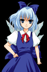Rule 34 | 1girl, ahoge, atoshi, bad id, bad pixiv id, blue eyes, blue hair, bow, cirno, female focus, hair bow, hand on own hip, matching hair/eyes, ribbon, short hair, smile, solo, embodiment of scarlet devil, touhou, wings
