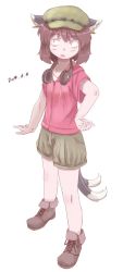 Rule 34 | 1girl, adapted costume, animal ears, brown hair, casual, cat ears, chen, contemporary, dated, earrings, fang, hat, headphones, headphones around neck, highres, jewelry, kabu (yuyuibob), multiple tails, short hair, shorts, single earring, solo, tail, touhou, two tails, white background