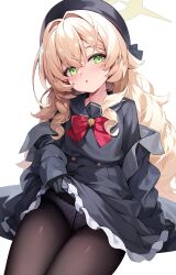 Rule 34 | 1girl, beret, black coat, black gloves, black hat, black pantyhose, black serafuku, blonde hair, blue archive, bow, bowtie, clothes lift, coat, fluffy hair, gloves, green eyes, hair intakes, halo, hat, highres, long hair, looking at viewer, open clothes, open coat, panties, panties under pantyhose, pantyhose, pinki o64, professor niyaniya (blue archive), red bow, red bowtie, sailor collar, school uniform, serafuku, side ahoge, simple background, skirt, skirt lift, solo, thighband pantyhose, underwear, white background, white panties, yellow halo