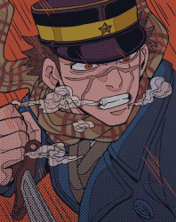 Rule 34 | 1boy, angry, clenched teeth, dagger, eye trail, facial scar, golden kamuy, hat, highres, holding, holding dagger, holding knife, holding weapon, kepi, knife, light trail, looking to the side, male focus, military hat, mouth trail, puff of air, red eyes, scar, scar on cheek, scar on face, scar on nose, serious, short hair, solo, speed lines, sugimoto saichi, teeth, tege (tege xxx), weapon