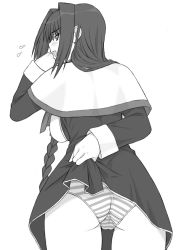 Rule 34 | 1girl, ass, braid, breasts, clothes lift, greyscale, hair intakes, kanon, large breasts, minase akiko, monochrome, panties, school uniform, shichimenchou, simple background, skirt, skirt lift, solo, striped clothes, striped panties, underwear, upskirt