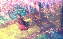 Rule 34 | 1girl, brown eyes, brown hair, closed mouth, commentary request, day, fantasy, from above, grass, holding, holding sword, holding weapon, japanese clothes, katana, kimono, long hair, looking at viewer, looking up, obi, original, outdoors, pavement, petals, plant, red kimono, sakimori (hououbds), sash, sheath, sheathed, smile, solo, standing, sunlight, sword, weapon, wide shot