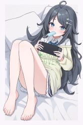 Rule 34 | 1girl, absurdres, ahoge, bare legs, barefoot, bed sheet, black hair, blue bow, blue bowtie, blue eyes, blush, border, bow, bowtie, collared shirt, commentary request, commission, convenient leg, english text, eyelashes, feet, food, full body, green shirt, hair ornament, hairclip, highres, holding, icetea774, indoors, inohara koboshi, knees together feet apart, knees up, legs, long hair, long sleeves, lying, mouth hold, nintendo switch, off shoulder, on back, ongeki, parted bangs, pillow, pleated skirt, popsicle, school uniform, shadow, shirt, sidelocks, skeb commission, skirt, solo, striped bow, striped bowtie, striped clothes, sweater, swept bangs, thighs, toenails, toes, white border, white shirt
