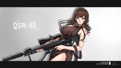 Rule 34 | 1girl, absurdres, anti-materiel rifle, armlet, assault rifle, bare legs, bare shoulders, blast compensator, bolt-action rifle, bolt action, breasts, brown hair, bullpup, cleavage, collar, commentary, compensator, dress, dsr-50, dsr-50 (girls&#039; frontline), dsr-50 (highest bid) (girls&#039; frontline), girls&#039; frontline, gradient background, grey background, gun, highres, holding, holding weapon, jewelry, kizuchi r, large breasts, letterboxed, long hair, looking at viewer, muzzle device, necklace, official alternate costume, red eyes, rifle, side slit, signature, sniper rifle, solo, suppressor, title, very long hair, wallpaper, weapon