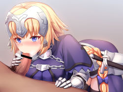 Rule 34 | 1boy, 1girl, armor, armored dress, bar censor, bent over, black thighhighs, blonde hair, blue eyes, blush, braid, breasts, breath, capelet, censored, clothed female nude male, dress, fate/apocrypha, fate (series), faulds, fellatio, gauntlets, grey background, headpiece, hetero, homewrecker, jeanne d&#039;arc (fate), jeanne d&#039;arc (ruler) (fate), large breasts, long braid, long hair, nose blush, nude, oral, penis, pink lips, purple dress, sheath, sheathed, single braid, sword, thighhighs, very long hair, weapon
