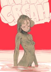 Rule 34 | bodysuit, breasts, commentary, copyright name, covered navel, english commentary, grey bodysuit, heavy cream, highres, partially submerged, red background, short hair, standing, tyto alba, water