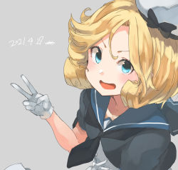 Rule 34 | 1girl, black neckerchief, blonde hair, blue eyes, blue sailor collar, commentary request, dated, dress, gloves, grey background, hat, highres, janus (kancolle), kantai collection, looking at viewer, neckerchief, parted bangs, sailor collar, sailor dress, sailor hat, short hair, short sleeves, simple background, solo, sunday aki, upper body, v, white dress, white gloves, white hat