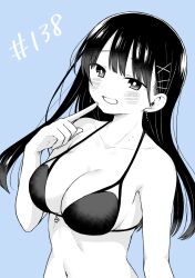 Rule 34 | 1girl, bikini, blue background, blush, boku no kokoro no yabai yatsu, breasts, chapter number, cleavage, collarbone, finger to mouth, grin, hair ornament, highres, long hair, looking at viewer, medium breasts, mole, mole on neck, multiple moles, navel, official style, partially colored, simple background, skull charm, smile, solo, swimsuit, upper body, x hair ornament, yamada anna, zeroasann