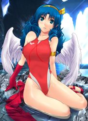 Rule 34 | 1girl, angel, angel wings, athena (series), blue eyes, blue hair, blush, breasts, elbow gloves, gloves, hairband, highres, large breasts, long hair, one-piece swimsuit, princess athena, ribbon, sitting, snk, solo, swimsuit, the king of fighters, water, wings