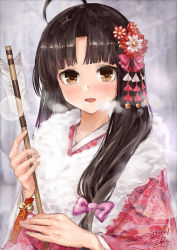 Rule 34 | 1girl, :d, ahoge, arrow (projectile), black hair, blurry, blush, bow, breath, brown eyes, commentary request, depth of field, floral print, flower, fur collar, hair bow, hair flower, hair ornament, hamaya, hand up, highres, holding, japanese clothes, kantai collection, kanzashi, kimono, long hair, long sleeves, looking at viewer, open mouth, parted bangs, pink kimono, print kimono, purple bow, red flower, shouhou (kancolle), signature, smile, solo, toka (marchlizard), upper body