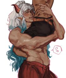 Rule 34 | 2boys, abs, belt, biceps, black nails, black shorts, blue hair, blush, carrying, carrying person, charluiu, child carry, cowboy shot, demon horns, earrings, fangs, fingernails, flying sweatdrops, genderswap, genderswap (ftm), gradient hair, hand on another&#039;s back, highres, hoop earrings, horns, jewelry, long fingernails, looking at another, lower body, male focus, multicolored hair, multiple boys, muscular, muscular male, navel, one piece, open mouth, orange belt, pants, pointy ears, portgas d. ace, red eyes, red pants, sharp fingernails, shorts, simple background, solo, spoken flying sweatdrops, topless male, twitter username, veins, veiny arms, white background, white hair, yamato (one piece), yaoi