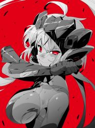 Rule 34 | 1girl, ahoge, blood, breasts, damaged, gloves, hal-bard, highres, large breasts, limited palette, nosebleed, red background, red eyes, red theme, senki zesshou symphogear, solo, torn clothes, wiping face, yukine chris
