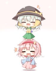 Rule 34 | 2girls, :d, ^^^, bow, chibi, chibi on head, closed eyes, commentary request, fang, gaius (nikoniko2), hairband, hat, hat bow, heart, highres, komeiji koishi, komeiji satori, long sleeves, multiple girls, on head, open mouth, person on head, pink hair, shirt, siblings, silver hair, simple background, sisters, skirt, sleeves past wrists, smile, standing on person, surprised, sweatdrop, third eye, touhou, white background, wide sleeves