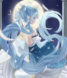 Rule 34 | 1girl, absurdly long hair, back, backless dress, backless outfit, bib (bibboss39), blue eyes, blue hair, cape, detached sleeves, dress, falling feathers, feathers, floating hair, fortissimo, from behind, full moon, hair ornament, hatsune miku, highres, long hair, moon, musical note, musical note hair ornament, night, see-through cape, skirt hold, sky, snowflakes, solo, star (sky), starry sky, tiara, twintails, very long hair, vocaloid, yuki miku