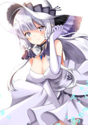 Rule 34 | 1girl, absurdres, anchor, azur lane, bare shoulders, blush, breasts, cleavage, detached collar, dress, elbow gloves, gloves, hand on own head, hat, highres, illustrious (azur lane), large breasts, long hair, looking at viewer, mole, mole under eye, purple eyes, shibakame, silver hair, simple background, smile, solo, splashing, strapless, strapless dress, sun hat, upper body, very long hair, white background, white dress, white gloves