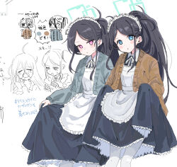 Rule 34 | &lt;key&gt; (blue archive), 2girls, apron, aris (blue archive), aris (maid) (blue archive), black dress, black hair, black ribbon, blue archive, blue eyes, blush, brushing another&#039;s hair, brushing hair, dress, dual persona, feet out of frame, frilled apron, frills, halo, haruharu sensei, lifted by self, long dress, looking at viewer, maid, maid apron, maid headdress, messy hair, multiple girls, neck ribbon, official alternate costume, pantyhose, parted bangs, ponytail, pout, red eyes, ribbon, simple background, skirt hold, swept bangs, tearing up, translation request, waking up, white apron, white background, white pantyhose, white ribbon, yawning