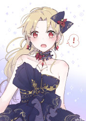 Rule 34 | !, 1girl, alternate costume, alternate hairstyle, aruti, bare shoulders, black bow, black collar, black dress, blonde hair, blush, bow, butterfly earrings, collar, corset, dress, earrings, ereshkigal (fate), fate/grand order, fate (series), flower, frilled collar, frills, gala dress, gold trim, hair bow, hair flower, hair ornament, hair ribbon, hoop earrings, jewelry, long hair, necklace, open mouth, parted bangs, ponytail, red eyes, ribbon, simple background, sleeveless, sleeveless dress, solo, sparkle, spoken exclamation mark