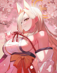 Rule 34 | 1girl, animal ears, bare shoulders, blonde hair, blue archive, blush, breasts, collarbone, detached sleeves, dolce (dolsuke), eyeliner, fox ears, halo, highres, japanese clothes, kaho (blue archive), kimono, large breasts, long hair, makeup, mole, mole under mouth, parted bangs, rope, sash, short eyebrows, sideboob, sleeveless, sleeveless kimono, smile, solo, white kimono, wide sleeves, yellow eyes