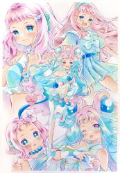 Rule 34 | 1girl, aged down, aozora middle school uniform, blue dress, blue eyes, blue hair, blush, commentary request, cure la mer, dress, earrings, finger heart, fins, gradient hair, hand on own hip, head fins, highres, jewelry, laura la mer, lilylily0601, magical girl, marker (medium), mermaid, midriff, monster girl, multicolored hair, multiple views, pink hair, precure, school uniform, serafuku, shell, shell earrings, short bangs, smile, traditional media, tropical-rouge! precure