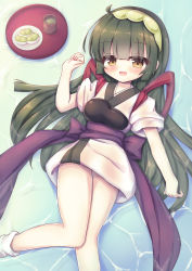 Rule 34 | 1girl, :d, absurdres, bad id, bad pixiv id, blush, bow, brown eyes, cup, feet out of frame, food, green hair, green hairband, hair between eyes, hairband, hand up, highres, japanese clothes, kimono, knees together feet apart, long hair, looking at viewer, lying, muneate, on back, open mouth, plate, purple bow, short kimono, short sleeves, smile, socks, solo, tasuki, tea, touhoku zunko, tray, very long hair, voiceroid, waste (arkaura), white kimono, white socks, yunomi