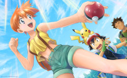 Rule 34 | 1girl, 2boys, :d, ash ketchum, bag, bare arms, baseball cap, black hair, black shirt, brock (pokemon), brown hair, clenched hand, cloud, commentary request, creatures (company), day, eyelashes, fingerless gloves, from below, game freak, gen 1 pokemon, gloves, green gloves, green shorts, grey eyes, hair between eyes, hand up, hat, highres, holding, holding poke ball, jacket, kibisakura2, misty (pokemon), multiple boys, nintendo, on head, open clothes, open jacket, open mouth, orange hair, outdoors, perspective, pikachu, poke ball, pokemon, pokemon (anime), pokemon (classic anime), pokemon (creature), pokemon on head, shirt, short hair, shorts, sky, smile, spiked hair, suspender shorts, suspenders, teeth, tongue, upper teeth only, yellow shirt