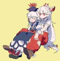 Rule 34 | 2girls, armband, black footwear, blue dress, blue hair, blue headwear, blue vest, blush, boots, bow, breasts, cleavage, closed eyes, closed mouth, dress, fujiwara no mokou, full body, hair bow, hair ribbon, itomugi-kun, jewelry, kamishirasawa keine, legs together, long hair, multicolored hair, multiple girls, open mouth, pants, ponytail, puffy sleeves, red bow, red eyes, red neckwear, red pants, ribbon, shirt, shoes, short sleeves, simple background, sitting, sitting on person, socks, spread legs, suspenders, torn clothes, torn sleeves, touhou, two-tone, very long hair, vest, white bow, white hair, white shirt, yellow background