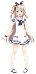 Rule 34 | 1girl, :d, arm behind back, bare arms, bare legs, blonde hair, blue eyes, blush, casual, dress, full body, hasumi kazaka, long hair, looking at viewer, maid to partita, masuishi kinoto, official art, open mouth, sailor dress, scrunchie, shima (shima je), shoes, short dress, short sleeves, smile, solo, transparent background, twintails, very long hair, wrist scrunchie