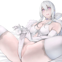 Rule 34 | bed, choker, collar, female pubic hair, gloves, highres, leg wear, lingerie, looking at viewer, lying, mature female, on back, panties, panty pull, pepe (jonasan), pillow, pubic hair, pulling own clothes, purple eyes, thighhighs, underwear, white choker, white hair, white panties, white thighhighs
