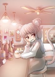 Rule 34 | 1girl, animal ears, bar (place), cheese, head rest, clock, drink, hand fan, fang, female focus, food, gaoo (frpjx283), glass, grey hair, hakurei reimu, highres, indoors, long sleeves, mouse ears, mouse tail, nazrin, open mouth, photo (object), red eyes, short hair, sitting, skirt, solo, stool, tail, touhou, yukkuri shiteitte ne