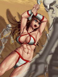 Rule 34 | 1girl, abs, armpits, beach, bikini, blue eyes, breasts, brown hair, fighting, golden axe, hair between eyes, hands up, highres, holding, holding sword, holding weapon, large breasts, long hair, lyoung0j, motion blur, multicolored bikini, multicolored clothes, muscular, muscular female, navel, open mouth, sega, skeleton, solo, sweat, swimsuit, sword, tagme, two-handed, tyris flare, weapon, white bikini