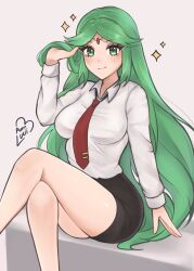 Rule 34 | 1girl, alternate costume, artist name, breasts, circlet, commentary, crossed legs, english commentary, green eyes, green hair, hair flip, highres, holding, holding own hair, kid icarus, long hair, looking at viewer, medium breasts, nintendo, office, palutena, pencil, purrlucii, red tie, sitting, solo, very long hair
