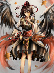 Rule 34 | 1girl, autumn leaves, bad id, bad pixiv id, bird wings, black hair, black wings, hat, hauchiwa, houdukixx, index finger raised, japanese clothes, kourindou tengu costume, long sleeves, looking at viewer, obi, pom pom (clothes), red eyes, ribbon-trimmed sleeves, ribbon trim, sash, shameimaru aya, short hair, smile, solo, tokin hat, touhou, wide sleeves, wings