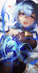Rule 34 | 1girl, absurdres, bare shoulders, bell, black gloves, blue hair, breasts, detached sleeves, ganyu (genshin impact), genshin impact, gloves, gold trim, heart, highres, horns, long hair, looking at viewer, magic, medium breasts, neck bell, open mouth, orb, purple eyes, smile, solo, white sleeves, yonesdraws